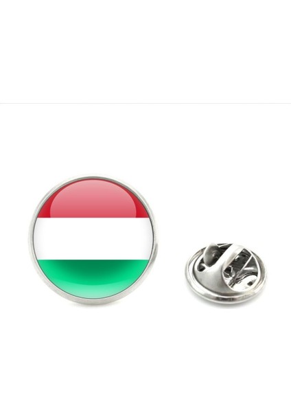 Maceristan Hungary Ülke Bayrağı Paslanmaz Çelik Iğneli 3D Yuvarlak Camlı Rozet
