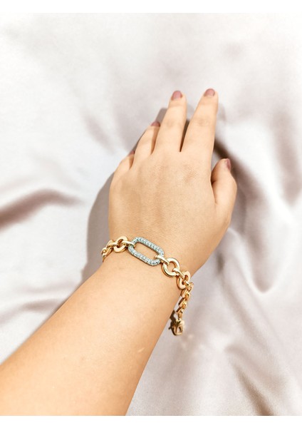 14K Altın Kaplama Çelik Bileklik - Halka ve Taş Detaylı Şık Tasarım