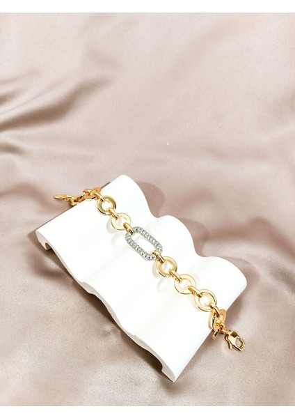 14K Altın Kaplama Çelik Bileklik - Halka ve Taş Detaylı Şık Tasarım fiyatları