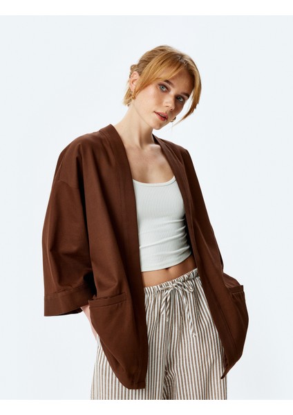 Pamuklu Cepli 3/4 Geniş Kol Oversize Kimono