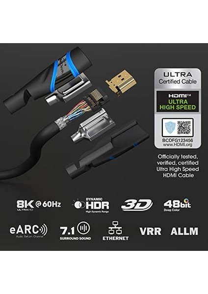 - 10K & 8k HDMI Kablosu, HDMI 2.1b - 2m, 0,5-5m Arası Mevcut - Sertifikalı, Almanya Da Geliştirilmiş (Ultra Yüksek Hız HDMI 2.1 Kablosu Pc, Ps5, Xbox, Monitör ve Tv Için - Siyah-Mavi)