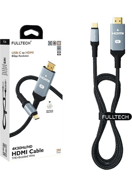 To HDMI 8gbps Çözünürlük 4K 30Hz/HD Telefon Tablet Usb-C Hdmı Çevirici Dönüştürücü Kablo (2 Metre)