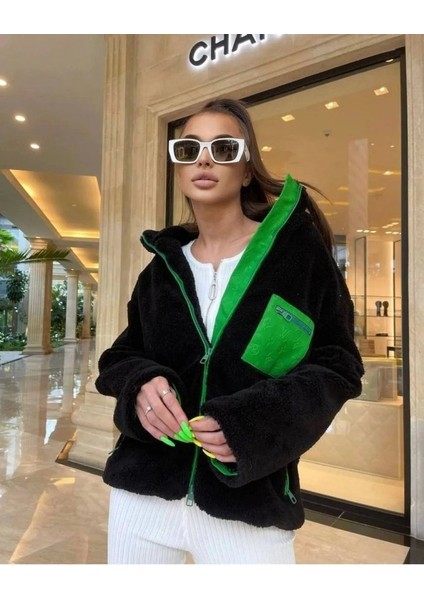 Kadın Uzun Kollu Renkli Cep ve Fermuar Detay Peluş Mont modelleri