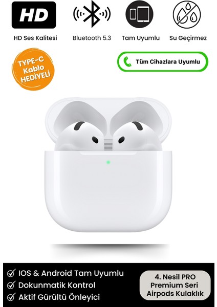 4. Nesil Pro Yeni Nesil Premium Özel Seri Type C Şarj Hediyeli Ios Android Uyumlu Kablosuz Kulaklık Blutut Blututlu Airpods 4 Apple Nry