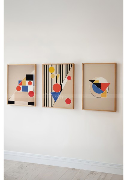 Modern Grafik 3 Parçalı Ahşap Çerçeveli Tablo Seti - Çizgisel ve Geometrik TASARIM-21 x 30