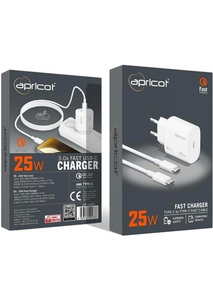 APC-U425T Type-C Usb-C 25W 3.0A Beyaz Kablolu Hızlı Ev Şarj Adaptörü