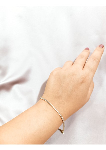 14K Altın Kaplama Çelik Bileklik - Minimal Taş Işlemeli Ince Tasarım