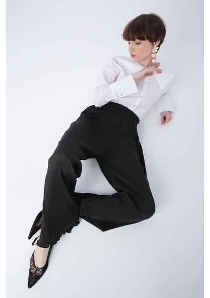 Antrasit-Piliseli Bol Paça Beli Lastikli Pantolon