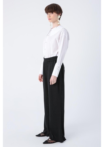 Antrasit-Piliseli Bol Paça Beli Lastikli Pantolon modelleri