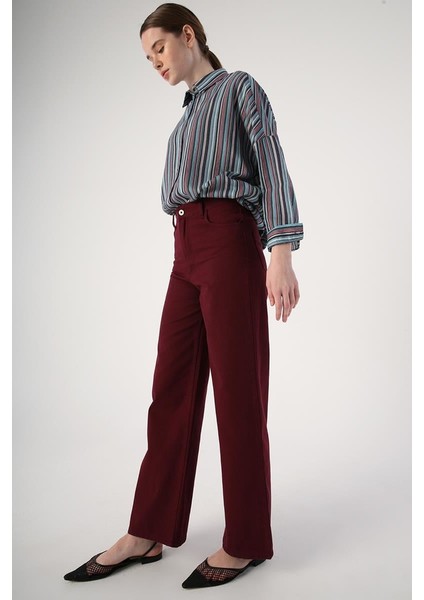 BORDO-%100 Pamuk Bol Paça Parça Boyama Rahat Kalıp Pantolon