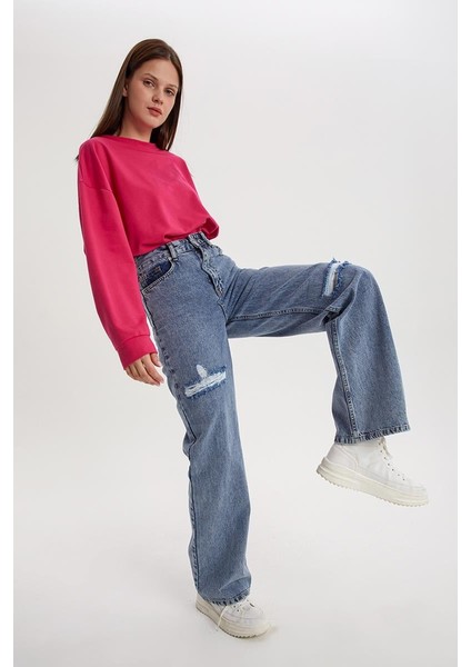 Mavi-Boru Paça Denim Pantolon