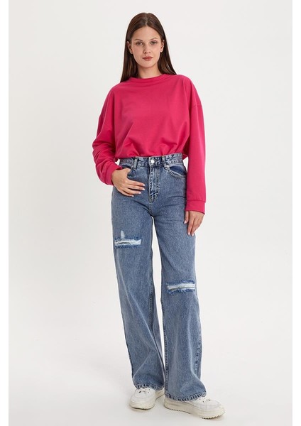 Mavi-Boru Paça Denim Pantolon