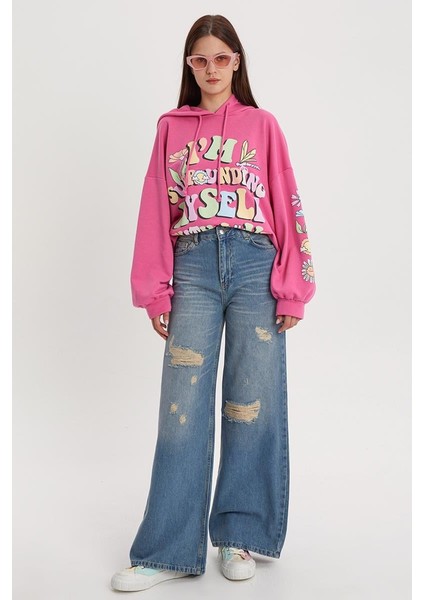 Mavi-Yırtık Detaylı Bol Paça Denim Pantolon