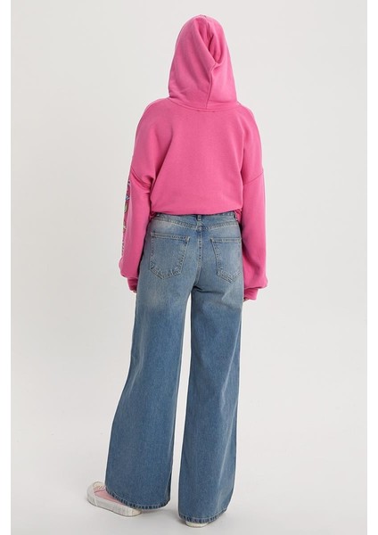 Mavi-Yırtık Detaylı Bol Paça Denim Pantolon