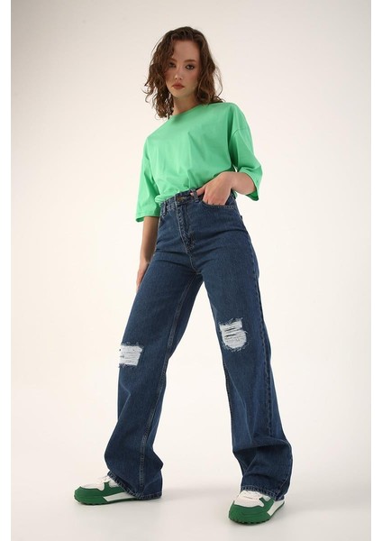Mavi-Yırtık Detaylı Wide Leg Pantolon