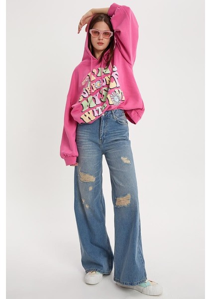 Mavi-Yırtık Detaylı Bol Paça Denim Pantolon