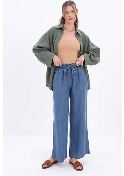 Mavi-Beli Lastikli Denim Pantolon