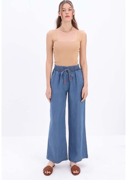 Mavi-Beli Lastikli Denim Pantolon