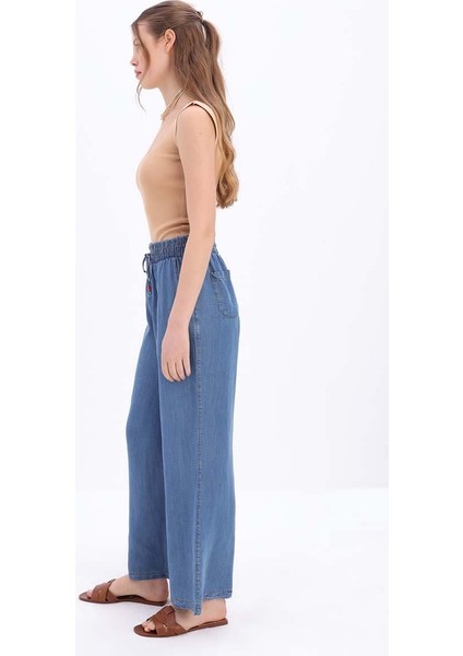 Mavi-Beli Lastikli Denim Pantolon