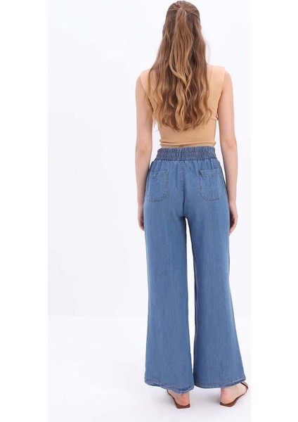 Mavi-Beli Lastikli Denim Pantolon