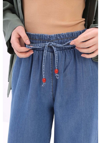 Mavi-Beli Lastikli Denim Pantolon