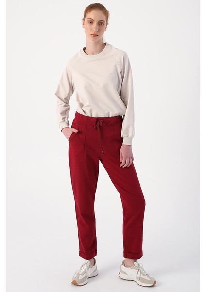 Koyu Bordo-Duble Paça Lastikli Rahat Örme Pantolon