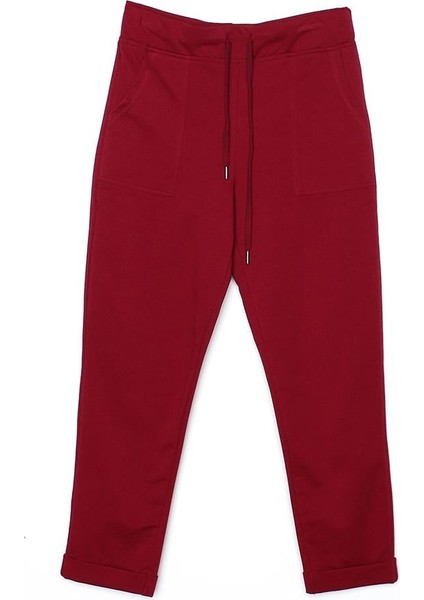 Koyu Bordo-Duble Paça Lastikli Rahat Örme Pantolon