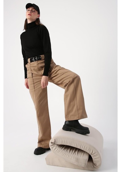 Bej-Palaska Kemerli Cepli Bol Paça Pantolon