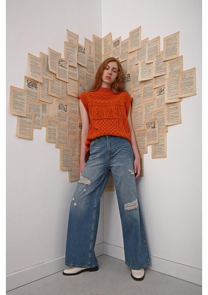 MAVI01-YIRTIK Detaylı Bol Paça Denim Pantolon