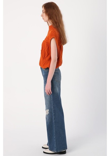 MAVI01-YIRTIK Detaylı Bol Paça Denim Pantolon modelleri