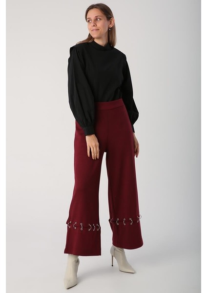 Bordo-Metal Halkalı Bol Paça Pantolon