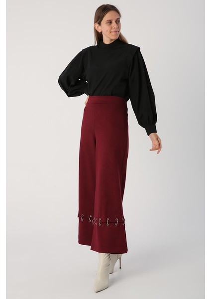 Bordo-Metal Halkalı Bol Paça Pantolon