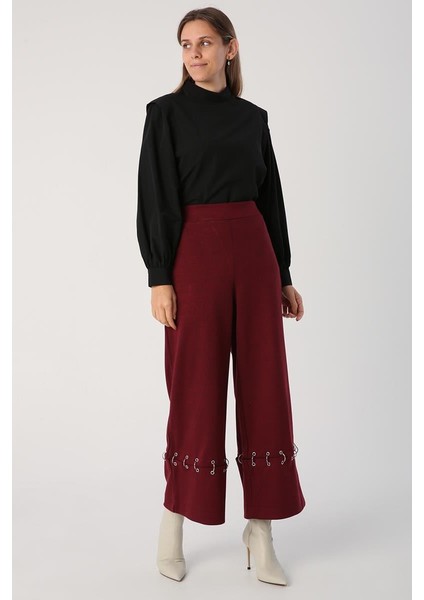 Bordo-Metal Halkalı Bol Paça Pantolon