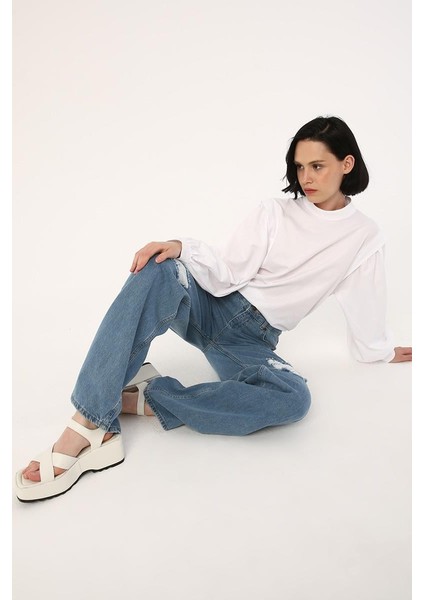 MAVI02-YIRTIK Detaylı Wide Leg Pantolon