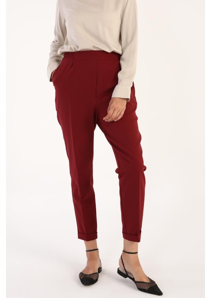 Bordo-Beli Lastikli Havuc Pantolon