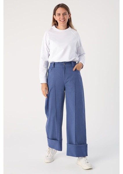 Mavi-Pamuklu Geniş Paça Katlamalı Pantolon fiyatları
