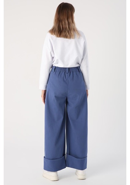 Mavi-Pamuklu Geniş Paça Katlamalı Pantolon fırsatları