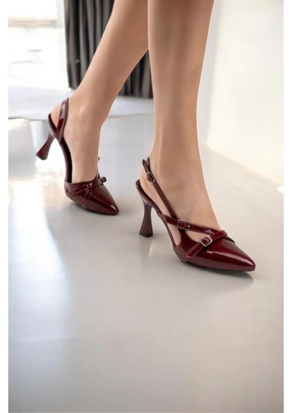 Bordo Rugan Kemer Detay Bilek Bağlı Kadın Topuklu Ayakkabı