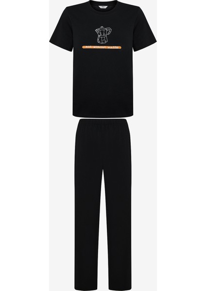 Coffee Couple Pantolonlu Siyah Pijama Takımı