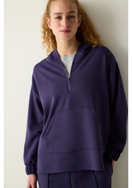 Koyu Indigo Yarım Fermuarlı Kapüşonlu Silky Touch Sweatshirt