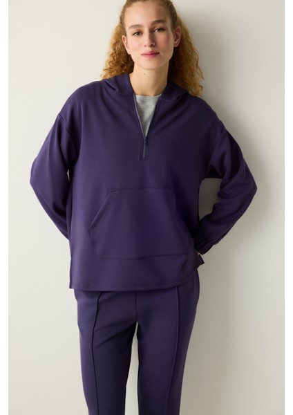 Koyu Indigo Yarım Fermuarlı Kapüşonlu Silky Touch Sweatshirt
