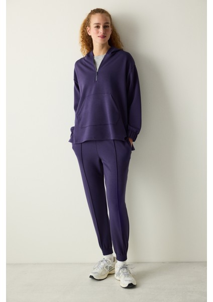 Koyu Indigo Yarım Fermuarlı Kapüşonlu Silky Touch Sweatshirt