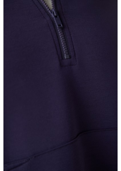 Koyu Indigo Yarım Fermuarlı Kapüşonlu Silky Touch Sweatshirt