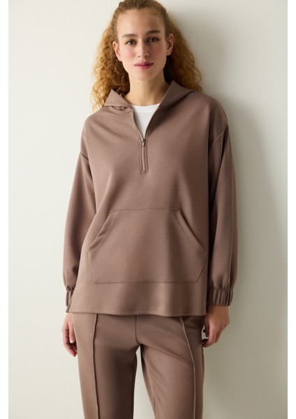 Silky Feel Zipped Vizon Rengi Sweatshirt