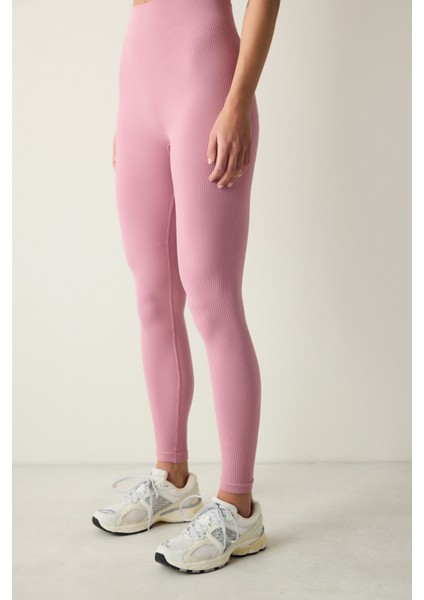 Pembe Yüksek Bel Dikişsiz Fitilli Tayt
