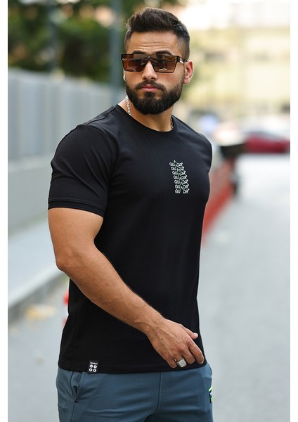 Erkek Yazı Baskılı 0 Yaka Standart Kalıp T-Shirt Siyah