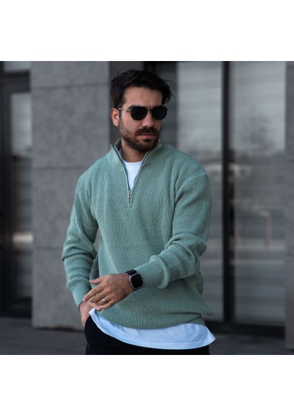 Mint Yeşil Triko Yarım Fermuar Kalın Kazak fiyatları