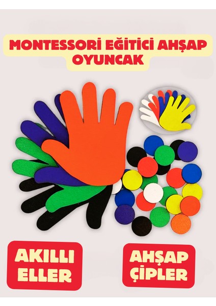 Akıllı Eller, 4 Adet Ahşap El ve 40 Adet Ahşap Çip, Montessori Oyuncak, Eğitici Ahşap Oyuncak,