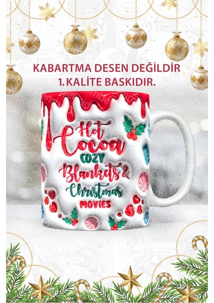 Porselen Yılbaşı Kupa Bardak - Marry Christmas Temalı, Yeni Yıl Hediyelik, Noel Baskılı (Kabartmasız)