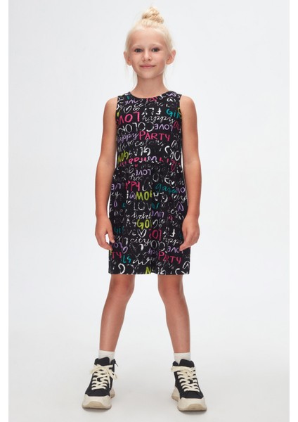 Siyah Glasgow Desen Kız Çocuk Kolsuz Elbise
